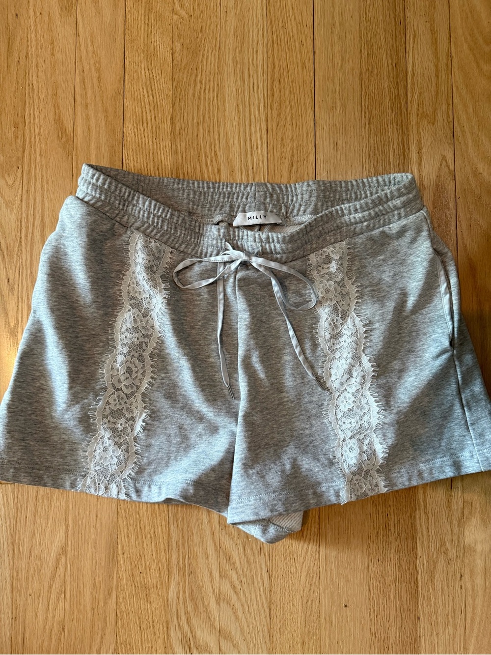 Milly Light Gray Lace-Trim Drawstring Athletic Shorts